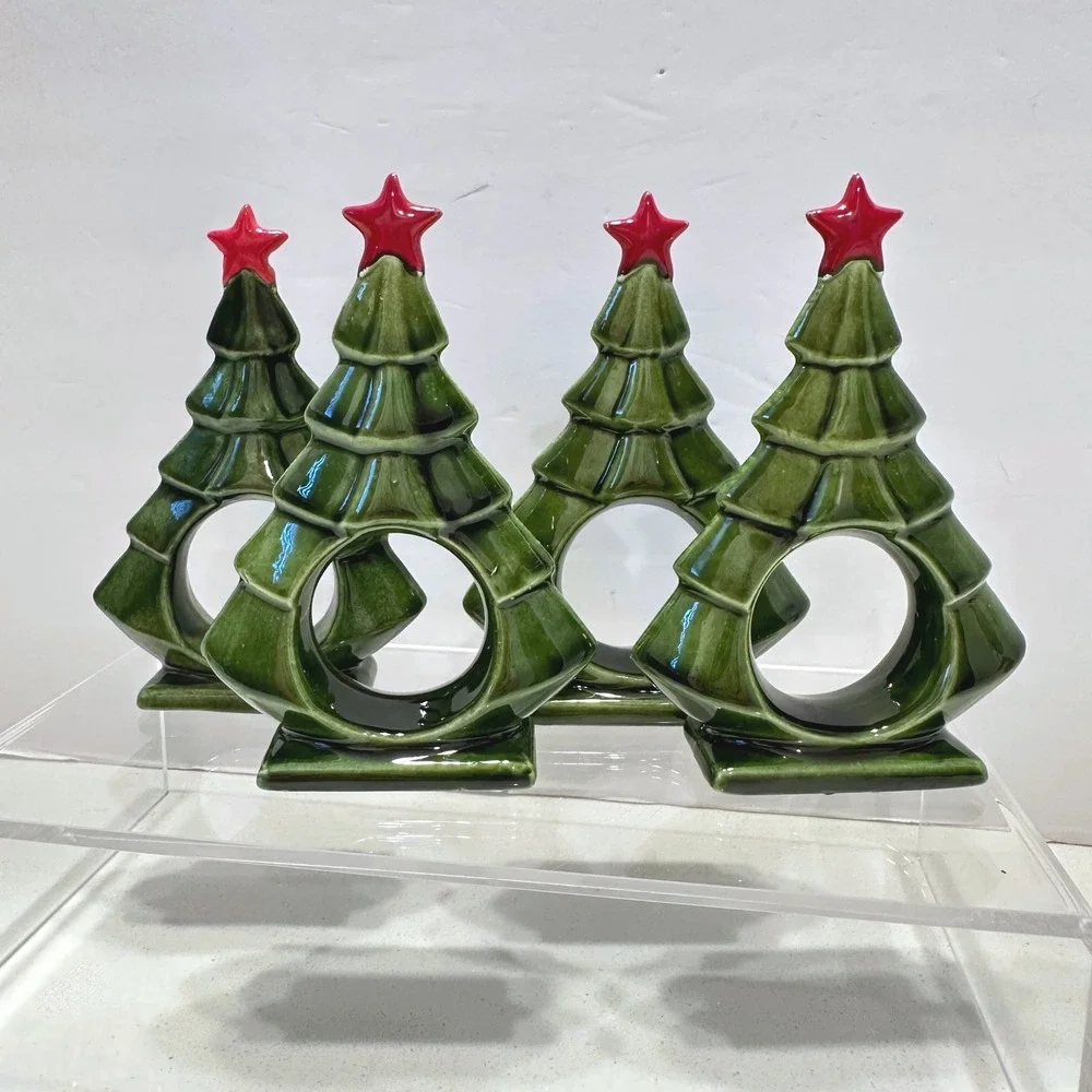 Vintage Hand Painted Ceramic Christmas Tree Napkin Rings Set of 4 Green Red Star